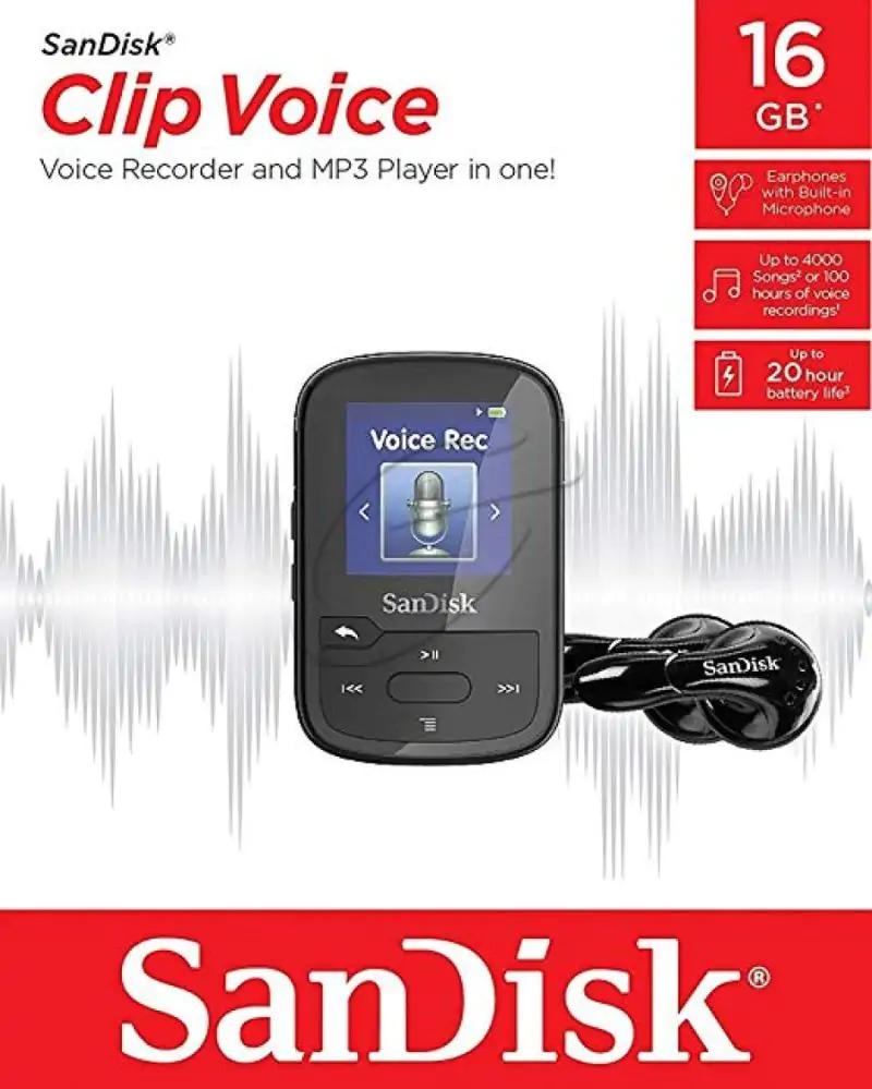 נגן MP3 קליפ עם הקלטת קול SanDisk Clip Voice 16GB